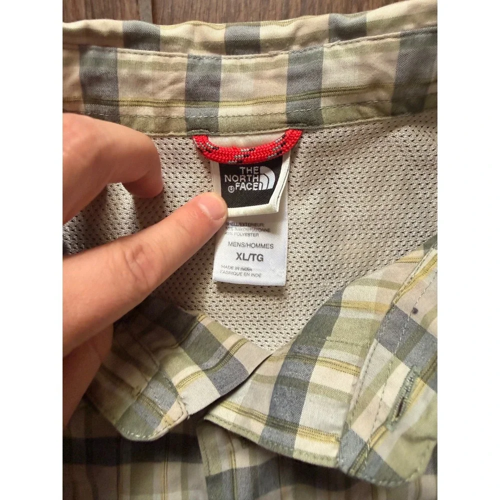 The North Face Mens XL Short Sleeve Plaid Hiking Shirt Green Grey‎ Button Up
